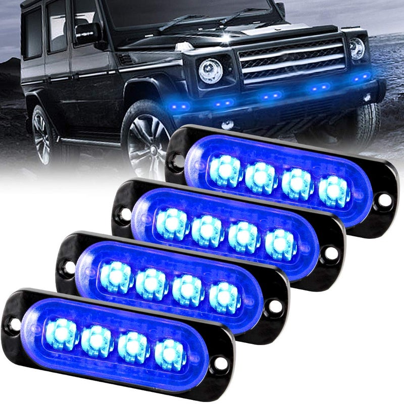 Sidaqi Blue 4-LED Surface Flash Mount Grille Emergency Strobe Lights Ultra Slim Deck Dash Grill Warning Police Light Hazard Beacon Caution Flashing Light for Vehicles Van Waterproof 12-24V-4PCS - Image 1
